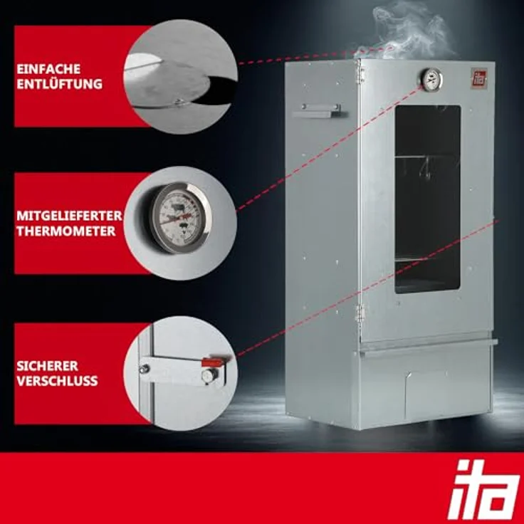 ITA Elektrischer Räucherofen 7002, Smoker Set aus Edelstahl mit Heizung, Tisch, Rauchgenerator, 3 Etagen, 81 cm, EU Qualität – Bild 3