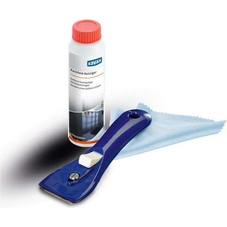 Xavax Kochfeldreiniger Set, 3-teilig, Glaskeramik- und Induktionskochfeldpflege mit Schaber, Mikrofasertuch und 100 ml Reiniger