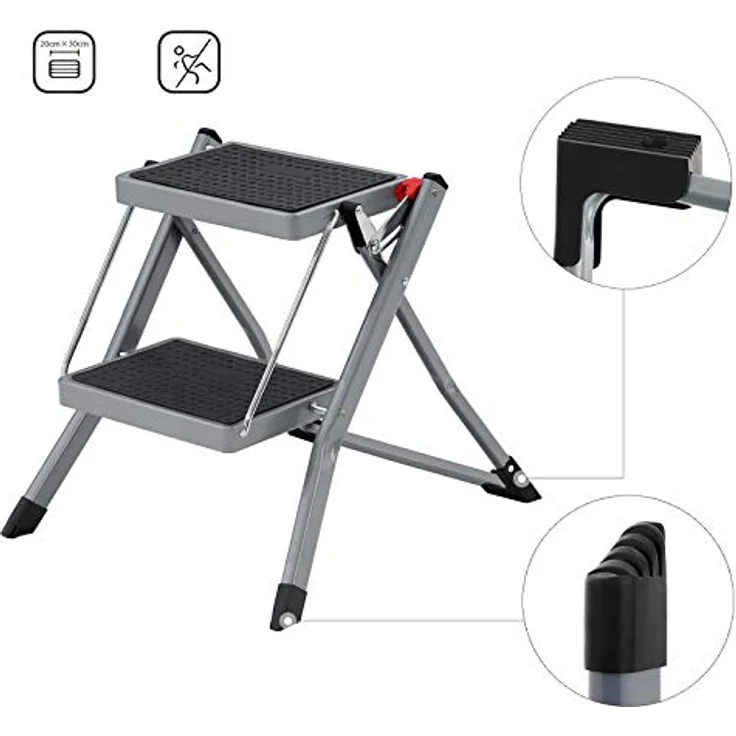 SONGMICS Trittleiter mit 2 Stufen, klappbar, Stufenbreite 20 cm, Gummi, rutschfest, mit Griff, Belastung 150 kg, Stahl, Grau und Schwarz GSL002GY01 – Bild 4