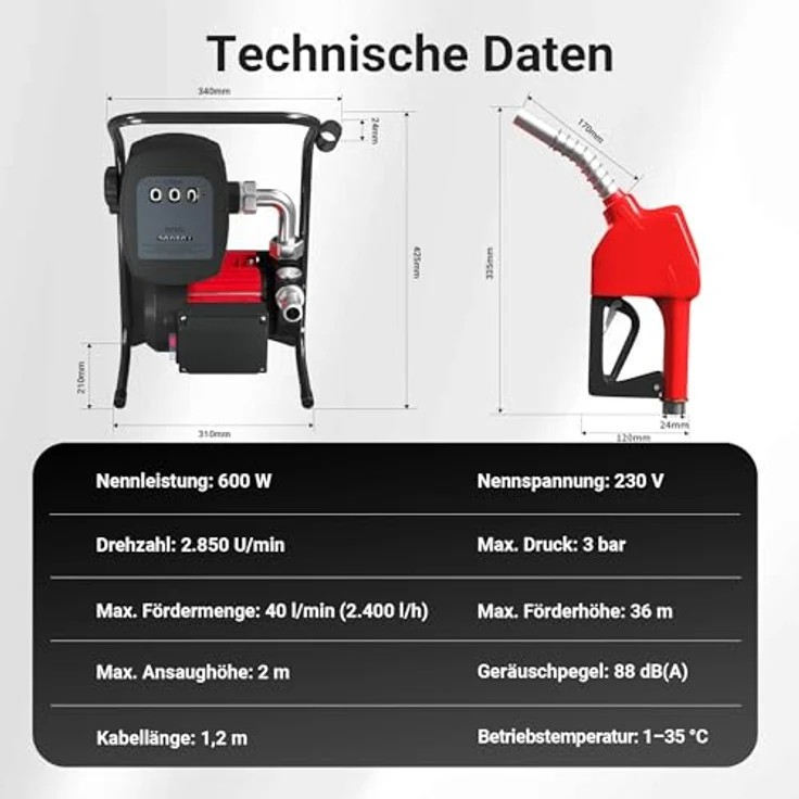 WilTec - Bio Dieselpumpe Heizölpumpe selbstansaugend 230V-600W 40l-min automatische Pistole Umfüllpumpe Absau – Bild 4