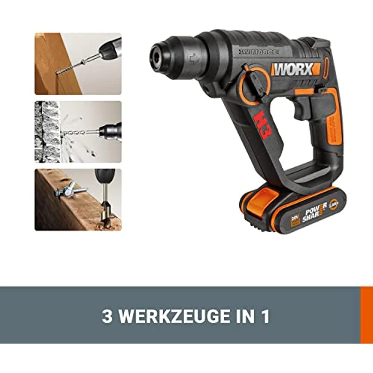 WORX WX390.1 Bohrhammer SDS-Plus - 20V Bohrmaschine mit pneumatischem Hammerwerk zum Schrauben, Bohren & Hämmern 1,2 Joule Schlagenergie Mit 2 Li-Ion Akkus, Ladegerät & Koffer – Bild 2