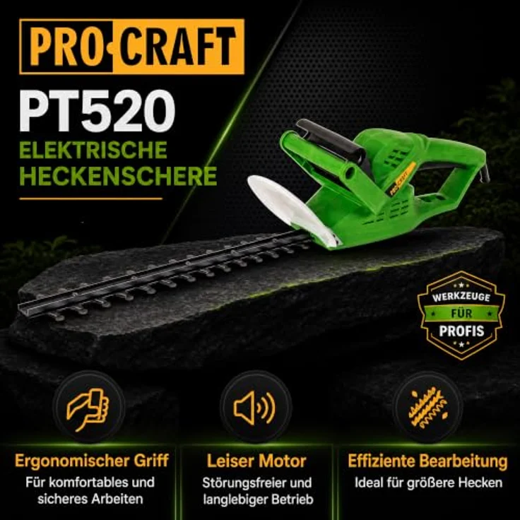 Procraft PT520 Heckenschere, 520 Watt, 410 mm Schnittlänge, 20 mm Schnittstärke, ergonomischer Griff, leiser Betrieb – Bild 3