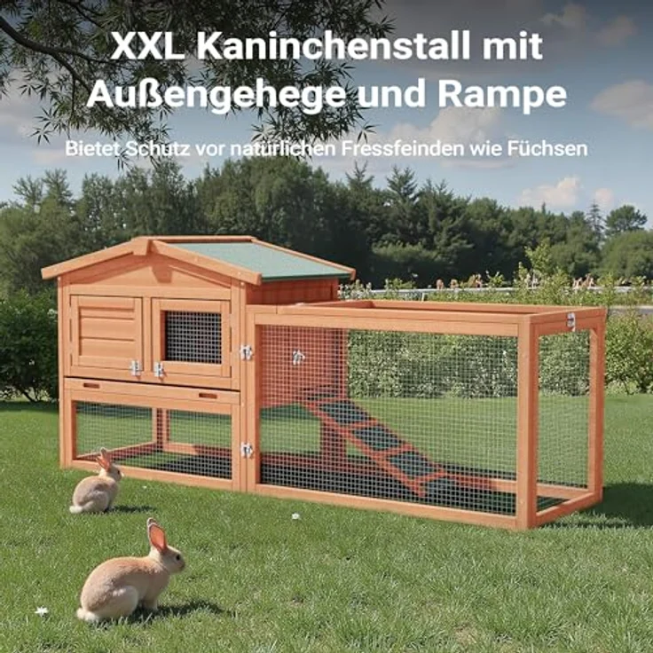 Wiltec XXL Hasenstall 1560 x 520 x 680 mm mit Freilaufgehege und erhöhtem Unterschlupf, Fichtenholz, 2 Etagen, Kleintierstall, für Hasen, Kaninchen & Meerschweinchen, grün – Bild 4
