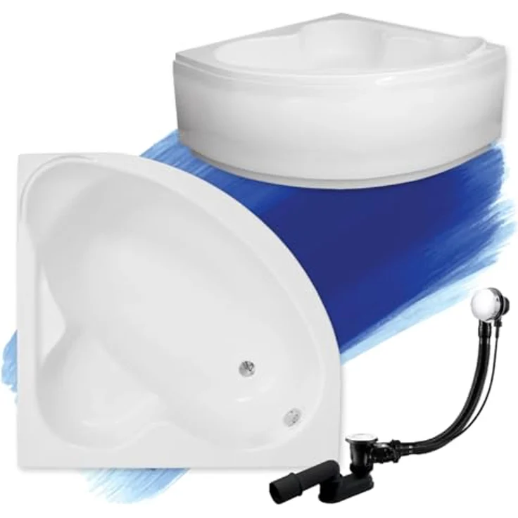Polimat BADLAND Eckbadewanne STANDARD 120x120, Weiß, Komplettset mit Acrylschürze, Füßen und Chrom Automatik Ablaufgarnitur, Made in EU 4in1 – Bild 1
