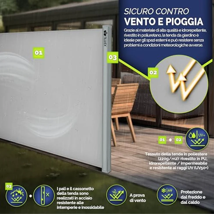 tillvex Seitenmarkise 180 x 300 cm ausziehbar & Blickdicht, Sichtschutz für Balkon, Garten & Terrasse | Sonnenschutz rostfreier Stahl | Markise Windschutz, Grau – Bild 5