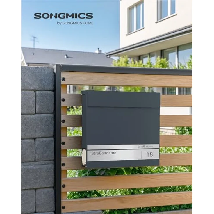 SONGMICS Briefkasten GMB090G01, personalisierbar mit Namensschild und Hausnummernschild, anthrazitgrau, Softclose-Deckel, abschließbar, Zeitungsfach, leichte Montage, 10,5 x 37 x 37 cm – Bild 2