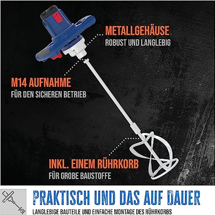 Güde Rührwerk GRW 1414.1, 1400 W, Komplett-Set, Softgrip, ergonomisch, robust, inkl. Rührkorb, gelb – Bild 2