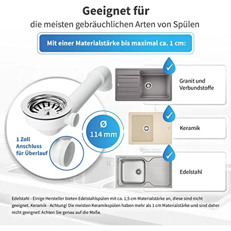 AquaDE Siebkorbventil AQUADE Ø 114 mm mit Raumschaffer 1 Zoll Anschluss für Überlauf, Edelstahl & weißer Kunststoff – Bild 3