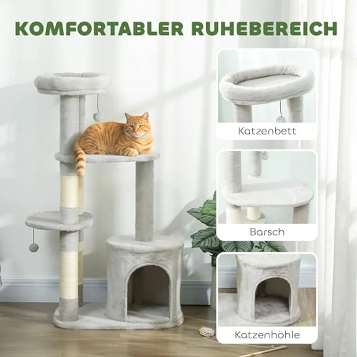 PawHut Kratzbaum 114 cm, mehrstöckiger Katzenkratzbaum mit Höhle, Sisalstämmen, Plattform und Spielball für mittelgroße Katzen unter 6 kg, Hellgrau – Bild 4