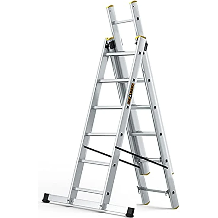 DRABEST Leiter PRO Serie Aluleiter Mehrzweckleiter 3-teilig Industrieleiter 3 x 6 Stufen Belastbarkeit 150 kg Arbeitshöhe 4,43 m inkl. Eimerhaken – Bild 1