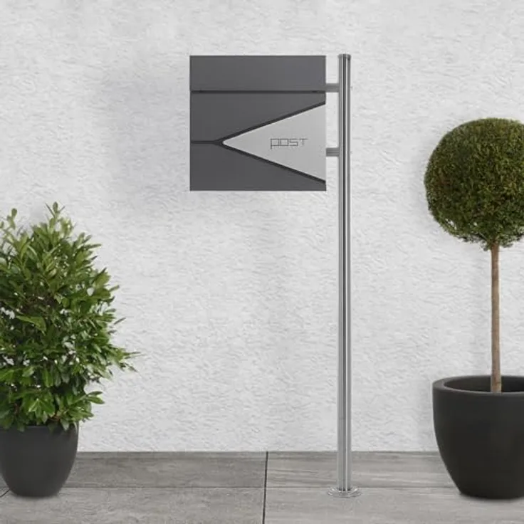 ECD Germany Standbriefkasten mit Zeitungsfach, Briefkastenständer Silber 120 cm Edelstahl, Anthrazit-Silber pulverbeschichtet