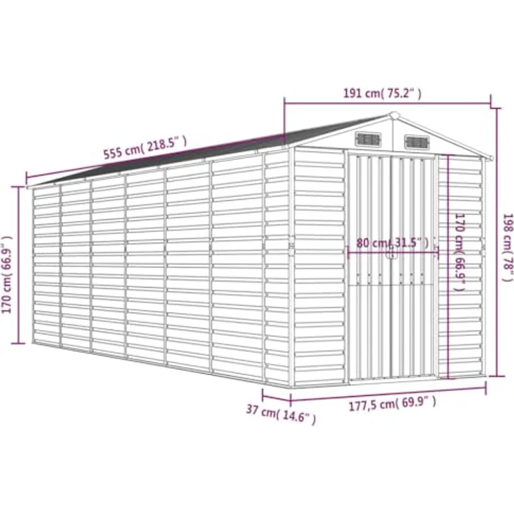 vidaXL Gerätehaus, Gartenhaus mit Schrägdach Griffe, Gartenschuppen Schuppen mit Stauraum, Geräteschuppen Metallschuppen, Braun 191x555x198 cm Verzinkter Stahl – Bild 4