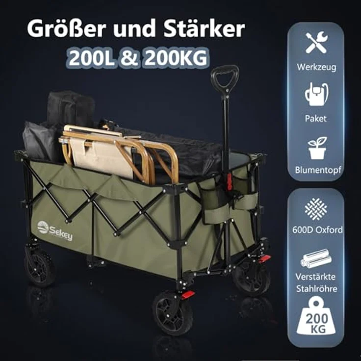 Sekey XXL Plus Bollerwagen Faltbar, 200L Laderaum, 200KG Tragkraft, Geländetauglich mit Bremsen, Klappbar aus Vier Richtungen, Olivgrün – Bild 4