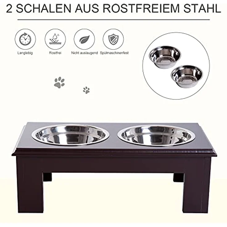PawHut Hundenapf, 2 Näpfe, Futterschüssel, erhöhter Katzen Futternapf, Pflegeleicht, Edelstahl MDF, Kaffee, 44 x 24 x 15 cm - Preisvergleich – Bild 5