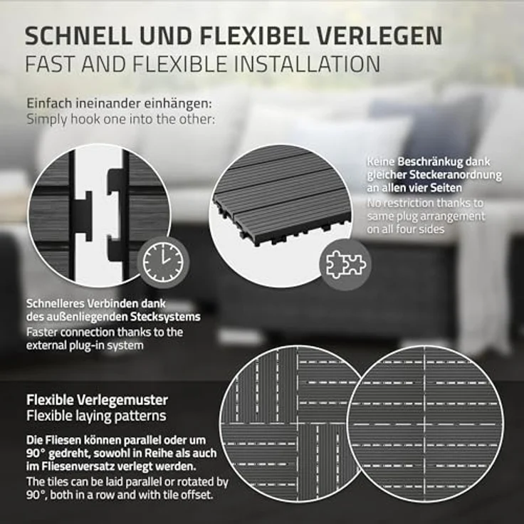 ECD Germany WPC Terrassenfliesen 30x30 cm 22er Spar Set für 2m² Anthrazit in Holzoptik für Garten Balkon Bodenbelag mit Drainage und Klicksystem Terrassendielen Balkonfliesen Klickfliesen Holzfliesen – Bild 6