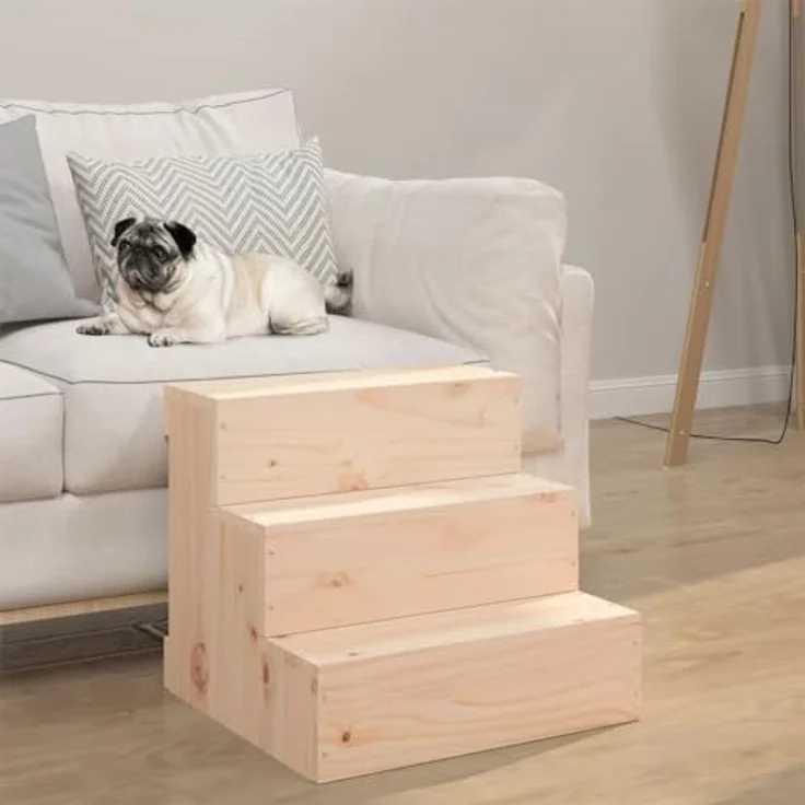 vidaXL Haustiertreppe, Hundetreppe mit Holzrahmen, Katzentreppe mit 3 Stufen, Aufstiegshilfe Treppe Katzen Hunde, Massivholz Kiefer – Bild 3