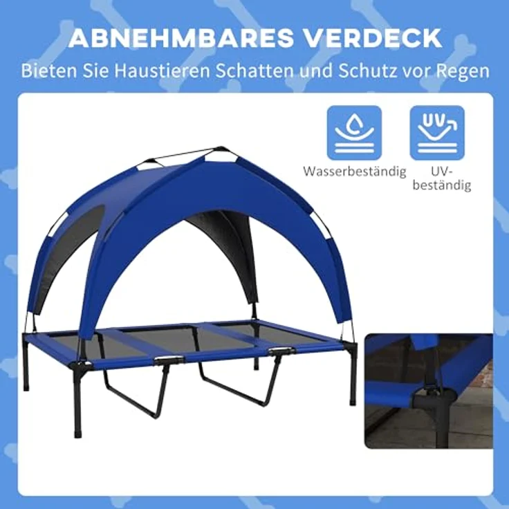 PawHut Erhöhtes Hundebett mit Baldachin, Haustierbett, Outdoor Hundeliege mit Dach, Atmungsaktiv, für große Hunde Dunkelblau Oxford 106 x 76 x 94 cm – Bild 4