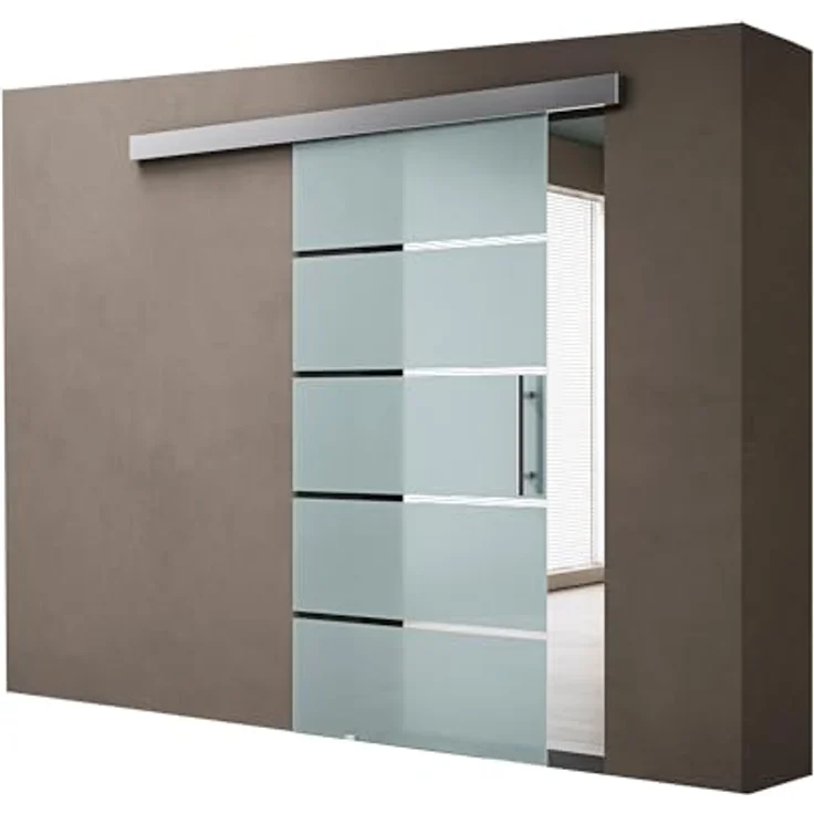 doporro Glasschiebetür Amalfi TS13H-900 90 x 215 cm | ESG-Sicherheitsglas 8mm satiniert | 5 Milchglas-Streifen | Stangengriff | Aluminumschiene | Edelstahl | 15mm Wandabstand – Bild 1