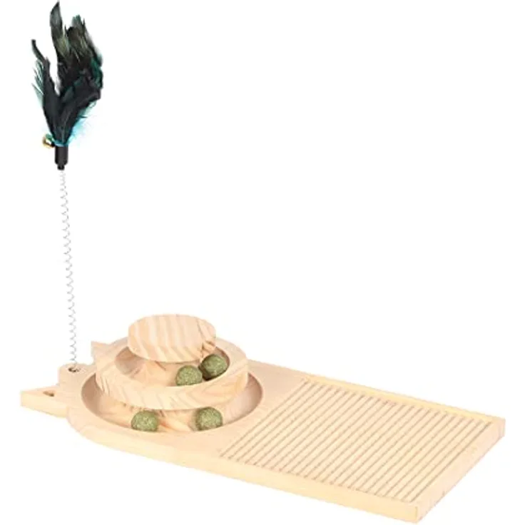 DUVO+ Play 'n Scratch Katzenspielzeug, Tier-Intelligenzspielzeug aus Kiefernholz mit Katzenminze-Bällen, 40 x 19 x 8 cm
