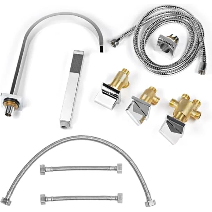 Mucola 5-Loch Badewannenarmatur mit Handbrause, Brausehalter und Brauseschlauch, Fliesenrandarmatur in Chrom, langlebig und wassersparend – Bild 4