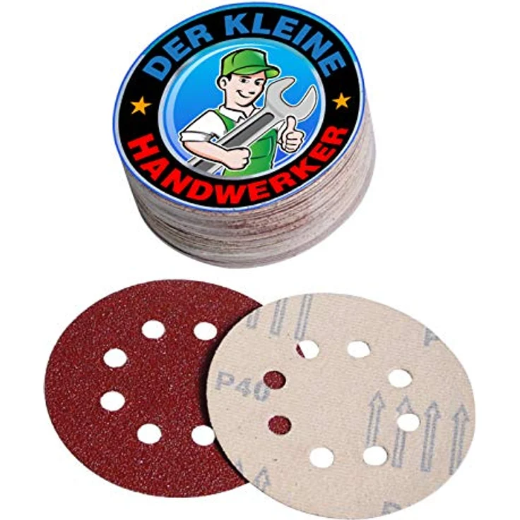 der kleine Handwerker Klett Schleifscheiben Set 50x 125mm + Schleifteller 125mm, 8 Loch, verschiedene Körnungen (K 40/60/80/120/180) – Bild 2