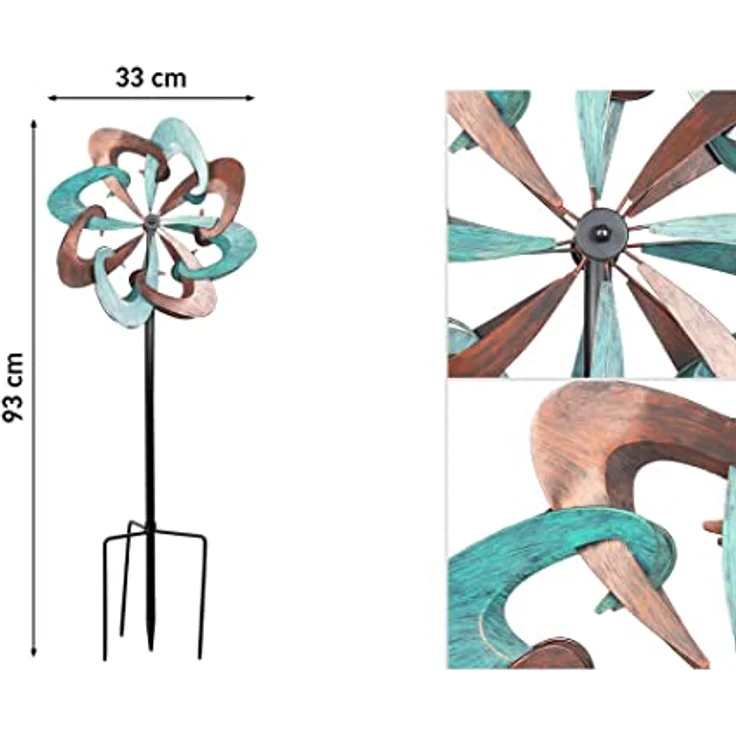 Kinetic Art Windspiel Metall Windrad Copper Swirl Duett, kugelgelagert mit LED, wetterfest und standfest inkl. Bodenanker für Terrasse und Garten – Bild 2