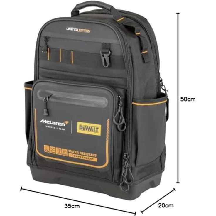 Dewalt McLaren DWST60122-1 Werkzeugrucksack mit 3 Reißverschluss Taschen und seitlichen Fächern, schwarz-orange – Bild 3