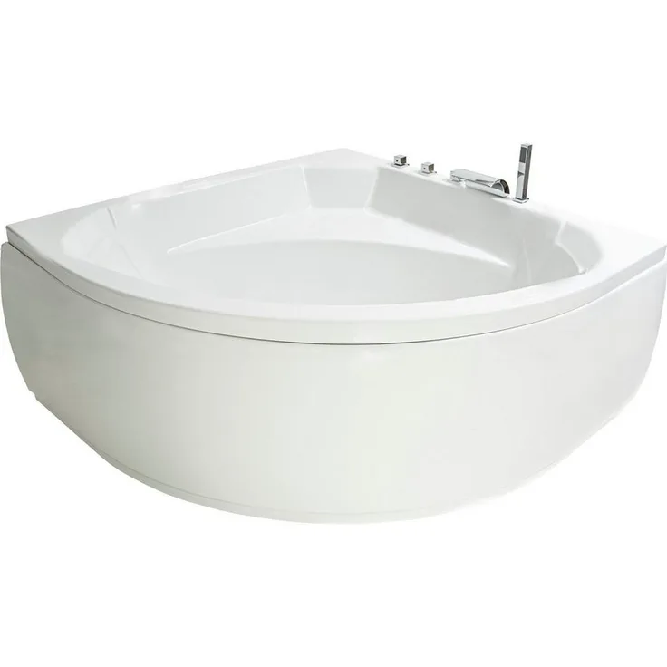 Basera® Badewanne Korfu, Eck-Badewanne 155 x 155 cm, Komplett-Set mit Wasserfall, LED-Farblicht, Kopfstützen und Hochglanz weiß