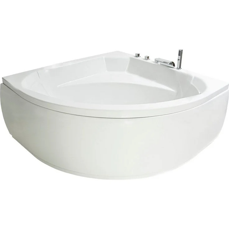 Basera® Badewanne Korfu, Eck-Badewanne 155 x 155 cm, Komplett-Set mit Wasserfall, LED-Farblicht, Kopfstützen und Hochglanz weiß