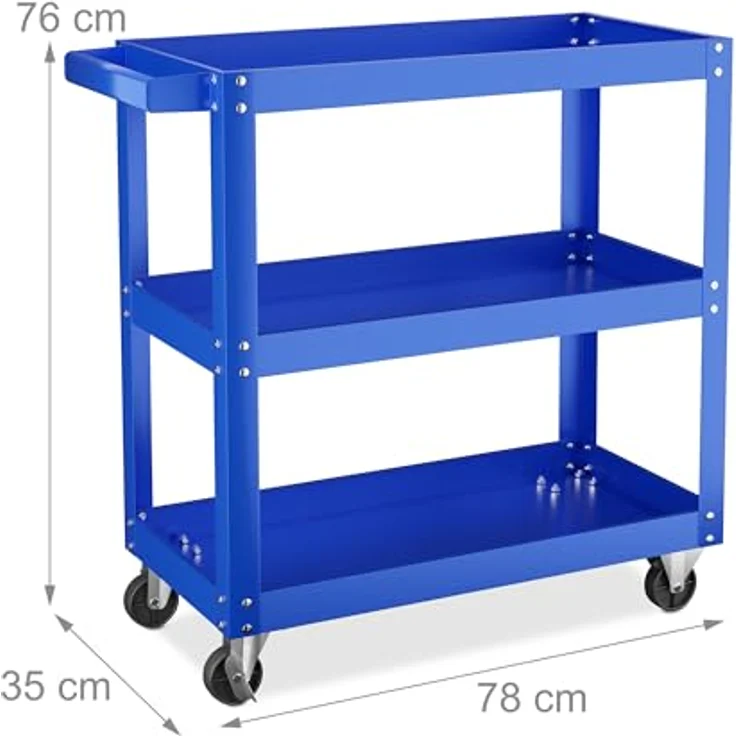 Relaxdays Werkstattwagen, mobiler Werkzeugwagen mit 3 Ablagen, bis 100 kg belastbar, HBT: 76x78x35 cm, blau – Bild 4