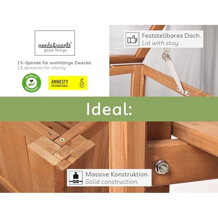 needs&wants® Großes Hochbeet mit Frühbeet-Aufsatz, Holz in braun, 90 x 60 x 118 cm, mit stabilem Tannenholz, feststellbarem Deckel und Stauraum für Gartenbedarf – Bild 3
