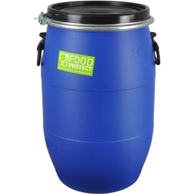 2 Stück: 60 L Weithalsfass mit Spannverschluss | 100% Lebensmittelecht | Universalfass | Futtertonne | Regen Maische Tierfutter Trinkwasser Camping Lagerfass | Stapelbar | Blau – Bild 4