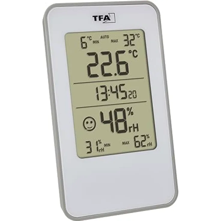 TFA Thermo-Hygrometer 30.5057.02, Digitales Thermometer + Hygrometer mit Höchst- und Tiefstwertanzeige, Weiß