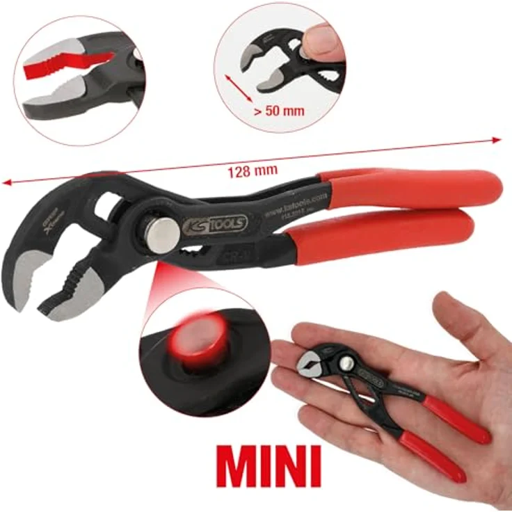 KS Tools 115.2015 Wasserpumpenzange 128mm, mit Druckknopfverstellung und tauchisoliertem Griff, Chrom Vanadium Stahl, max. Zangenöffnung 50mm – Bild 2