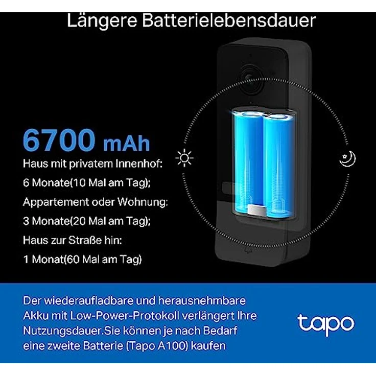 Tapo D230S1 Video-Türklingel Akku (Video Doorbell) | Türklingel mit Kamera, 2K 5MP, Farbe Nachtsicht, ultrabreiten Sichtfeld, herausnehmbare Batterie, KI-Erkennung, Mit Chime – Bild 5