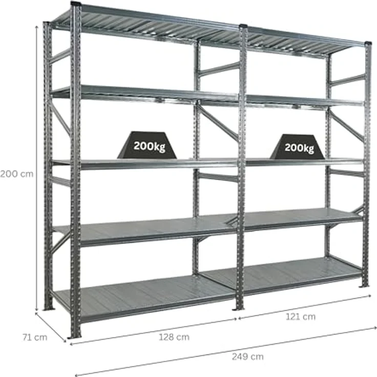 Proregal PROXIMO Metallregal Fachbodenregal, 200 x 240 x 70 cm, Traglast 200 kg pro Boden, 5 Böden, verzinkter Stahl, schraubenloses Stecksystem – Bild 2