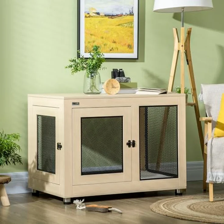 PawHut Hundekäfig, Haustierkäfig, Hundehaus, Hundehütte mit Kissen, Hundebox Indoor, Tierkäfig mit 2 Türen für kleine Hunde bis mittelgroße Hunde, Eiche, 94 x 60 x 71,5 cm – Bild 2