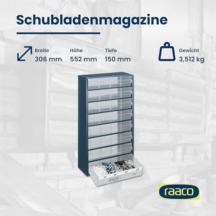 Raaco Werkstattschrank 1208-03, Kleinteilemagazin aus galvanisiertem Stahlblech, 8 transparente Polypropylen-Schubladen, dunkelblau (30,60 x 55,20 cm) – Bild 4