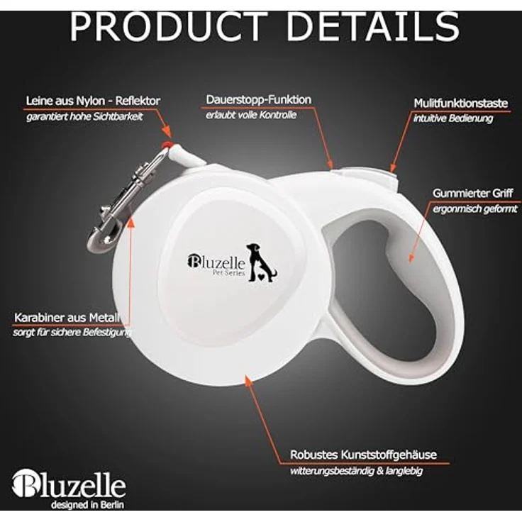 bluzelle 8m Lange Hundeleine für Hunde bis 50kg, Flexible Rollleine Neon-Orange Leuchtender Reflektor-Gurt mit 360° Karabinerhaken Metall, Ergonomischer Griff Grau Gummiert & Einzugs-Bremse, Weiß – Bild 5