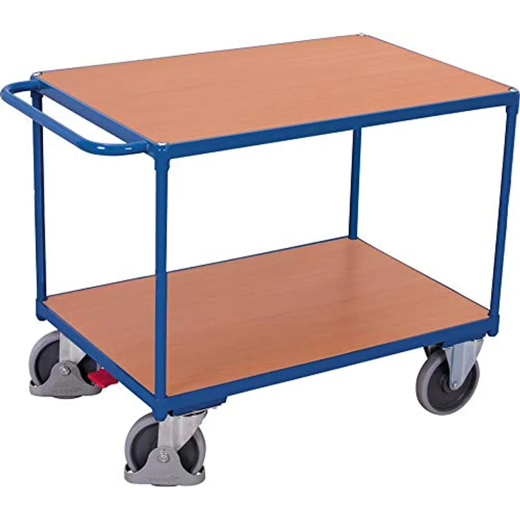 Variofit Transportwagen, Tischwagen mit L-Profil-Bodenaufbau, Buche-Dekor, Gentianblau, 500 kg Tragkraft, nicht-markierende Gummi-Räder – Bild 1