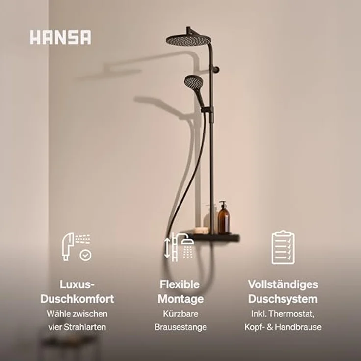HANSA VIVA Duschsystem Komplettset, Thermostat mit Regendusche und Handbrause, dreistrahlig, inkl. MagShelf Magnetablage, schwarz – Bild 2