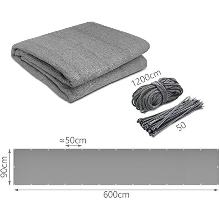 Balkon Sichtschutz, HDPE Gewebe, UV-Schutz, Wetterfest, 90x600 cm Grau – Bild 8