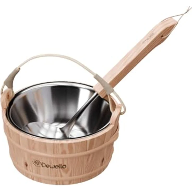 Dewello® Saunaeimer Set mit Kelle, 3 Liter fasst, Hemlock-Holz mit Bambusstreben, Hygienischer Edelstahleinsatz, robust und langlebig – Bild 5