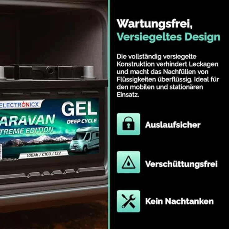Electronicx Caravan EXTREME Edition GEL Batterie 100 AH 12V, wartungsfrei, auslaufsicher und stoßfest für Wohnmobil und Boot – Bild 3