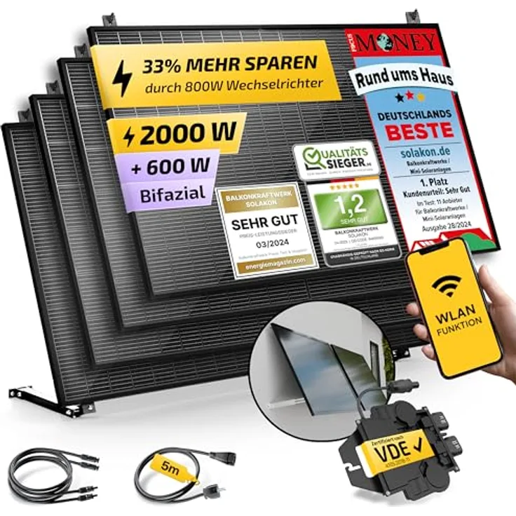 Solakon Balkonkraftwerk 2000W, Photovoltaik Solaranlage mit 800W N-Typ Solarmodulen und 5m Kabel, steckerfertig Komplettset mit Wandhalterung