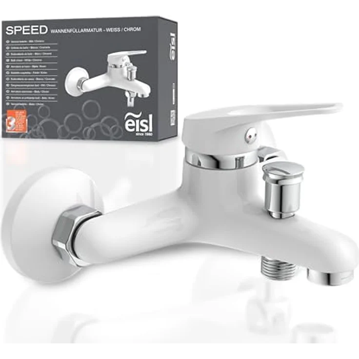 Eisl Wannenfüllarmatur Speed Weiß, geräuscharme 35 mm Kartusche, 1/2 Zoll Brauseabgang, Ausladung 155 mm – Bild 1
