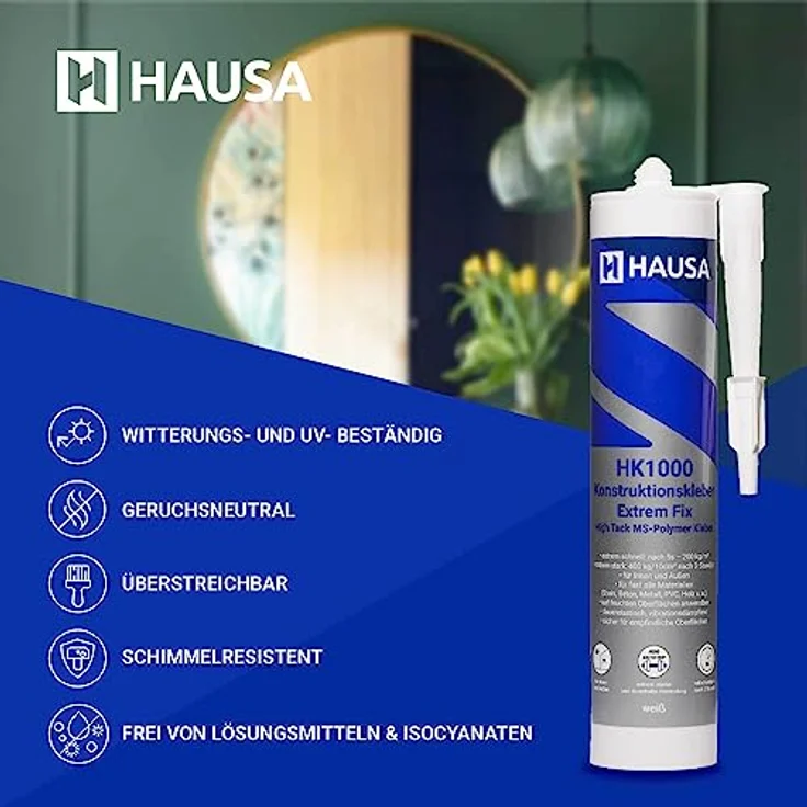 Hausa HAUSA High-Tack Montagekleber 24x 290ml weiß - extrem starker Alleskleber für Metall Stein Holz Spiegel elastischer MS Polymer Konstruktionskleber HK1000 für Innen Außen nasse trockene Oberfläche – Bild 2