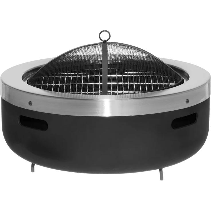 JTI GmbH Mustang Feuerstelle für draußen, Burbank, 629971 mit 44 cm Grill und Funkenfangschutz, chrom-plattierter Stahlgrill, schwarz