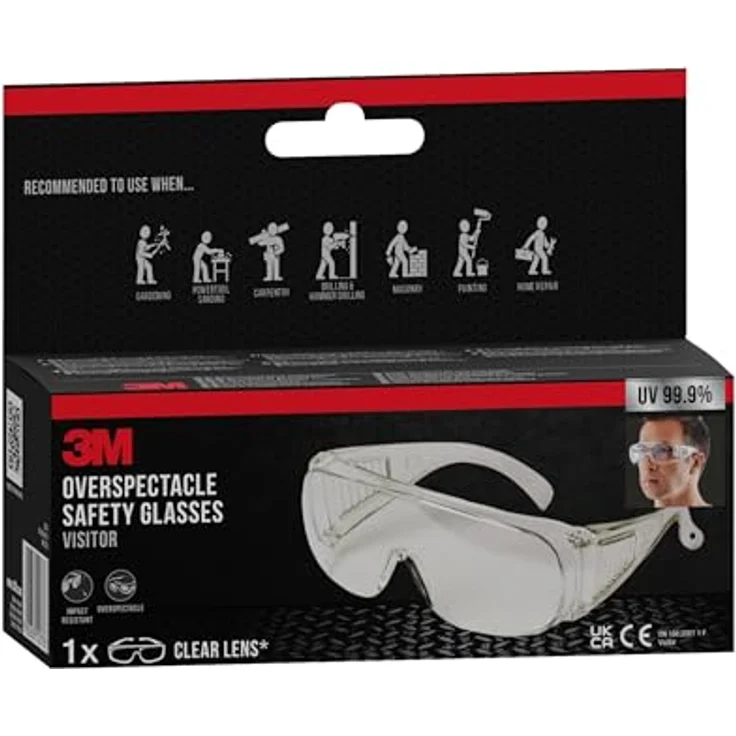 3M VisitorC Schutzbrille für Brillenträger, leichte Elektrowerkzeugarbeiten, Schutz gegen Splitter, 99.9% UV-Schutz, Klare Polycarbonatscheiben – Bild 6
