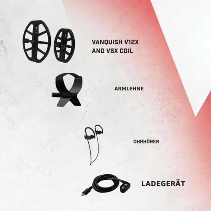 Minelab Vanquish 560 Pro Metalldetektor, Multi IQ Technologie, wasserdicht bis 5m, 10 Stunden Akkulaufzeit, inklusive V12X und V8X Spulen, rot – Bild 8
